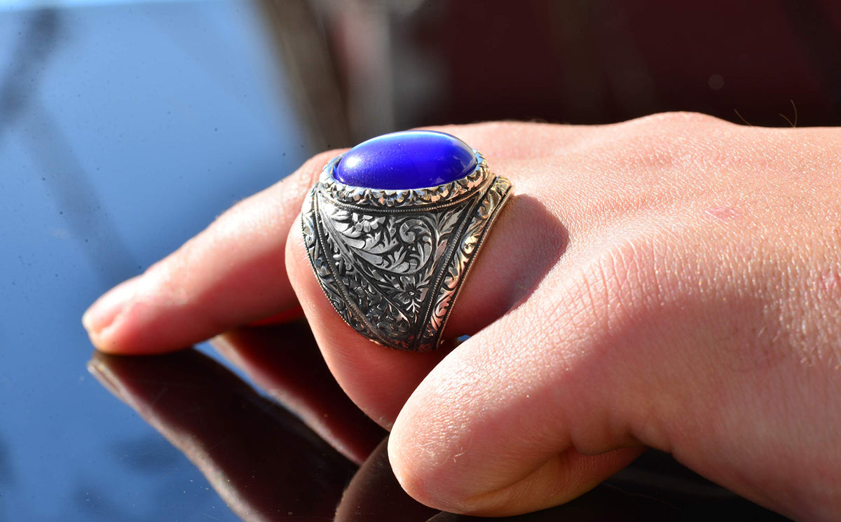 KAMBO 925 Sterling Silver Men's Ring - Synthetic Cat's Eye Blue Star Stone — 6
