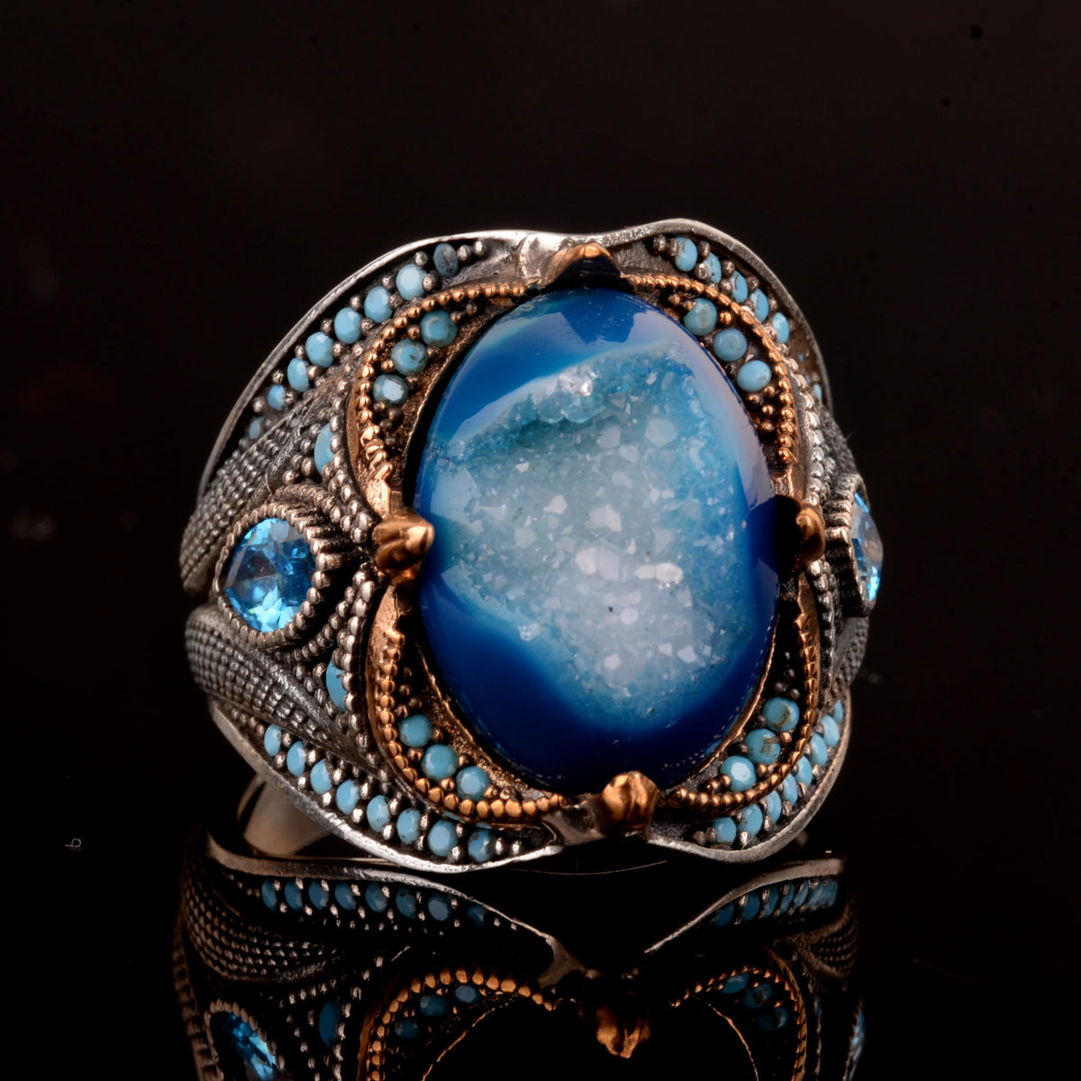 KAMBO 925 Sterling Silver Ring, Genuine Natural Drusy Crystal Quartz Stone Ring — 6