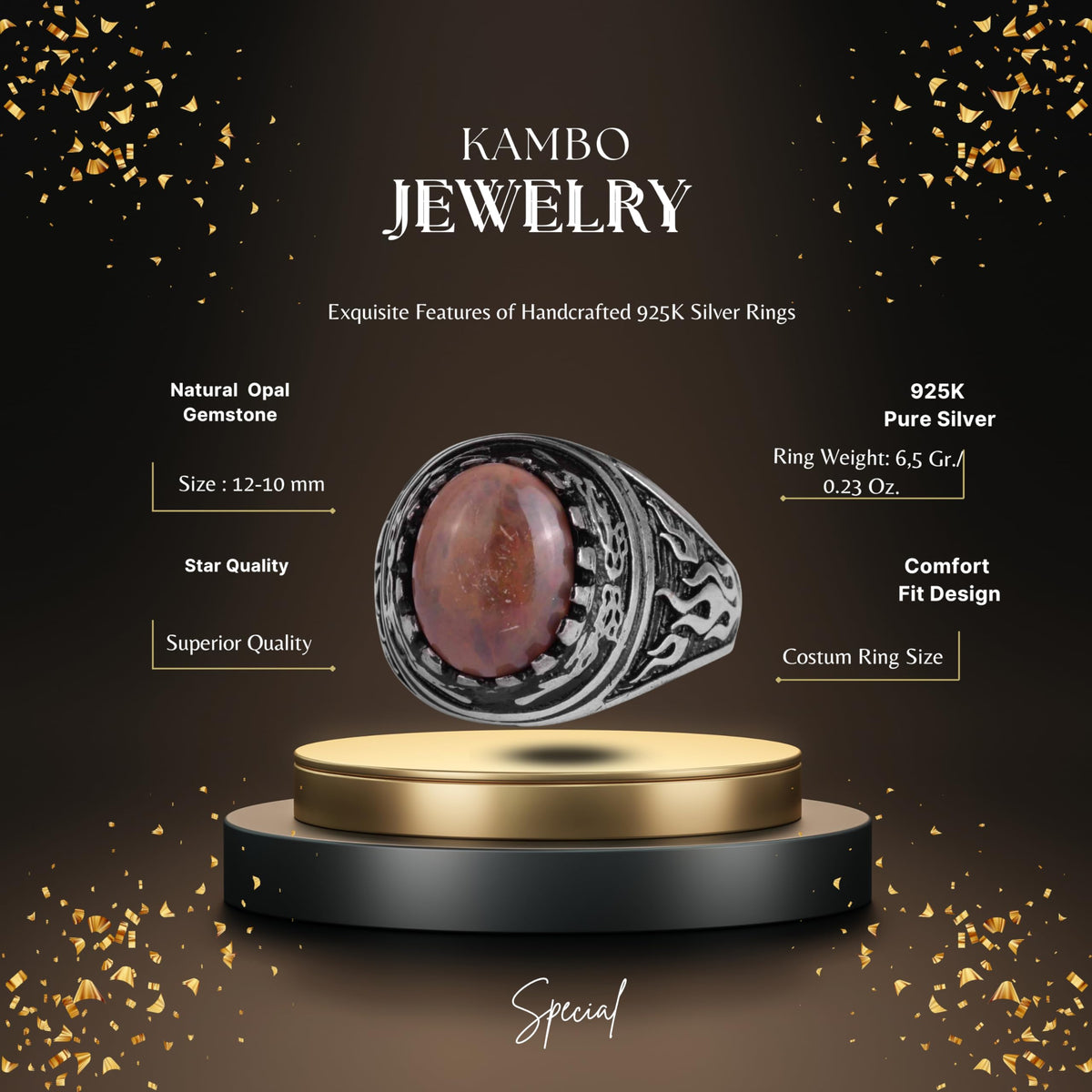 KAMBO Natural Opal 925 Sterling Silver Men's Ring – Fire-Inspired Side Design Handmade Statement Ring (Style-1) — 2