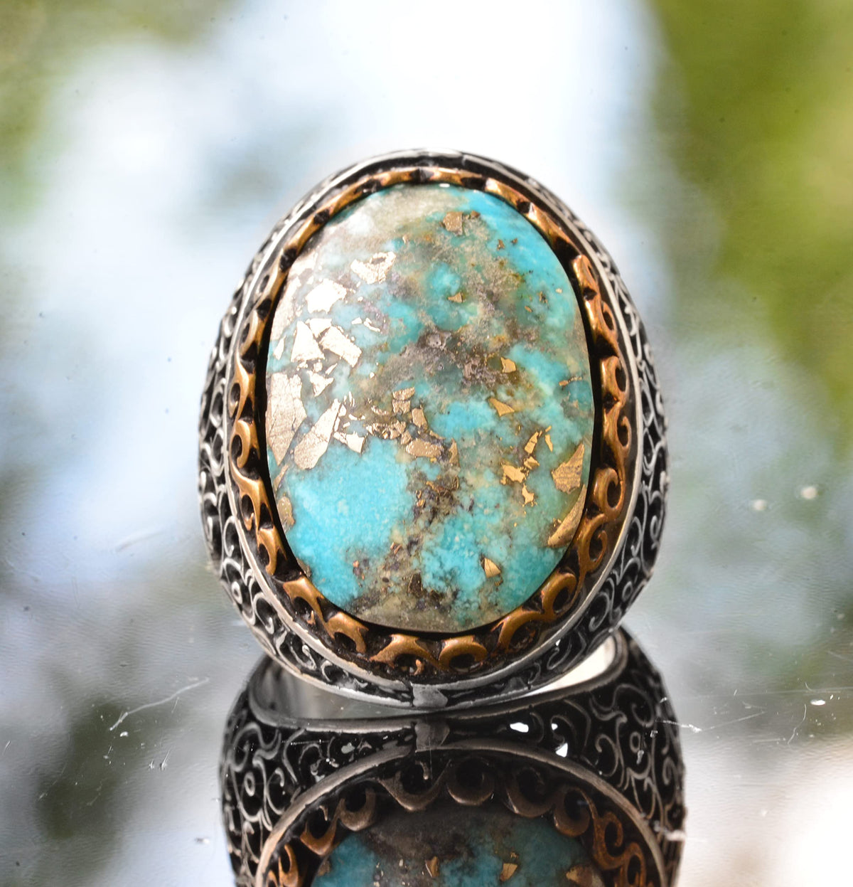 925 Sterling Silver Real Arizona Turquoise Stone Men's Ring (Model-2) — 2