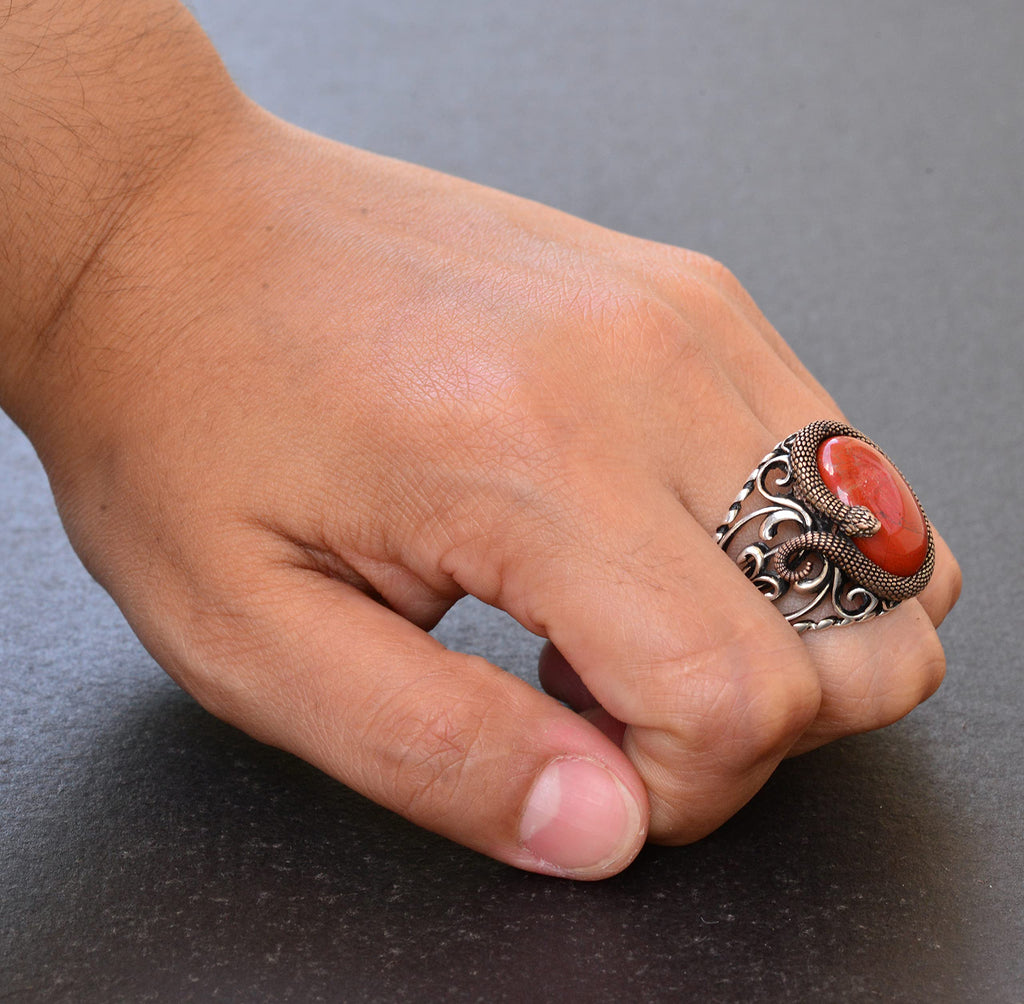 Natural Bloodstone Snake Ring, Handmade Ring, Silver Men's Ring, Gift, Silver Accessory, Brown — 7