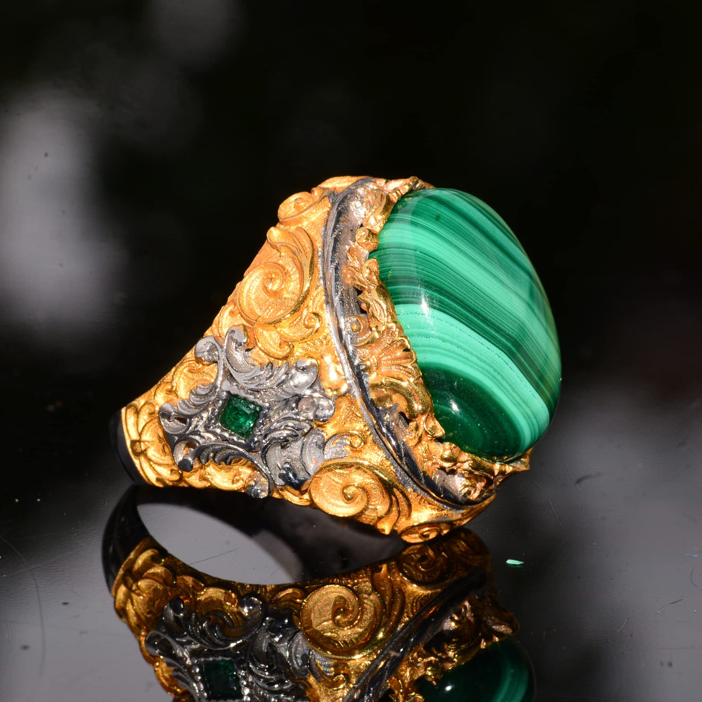 Natural Malachite Stone, 925 Sterling Silver Big Ring, Malachite Ring, Gold Plated — 4