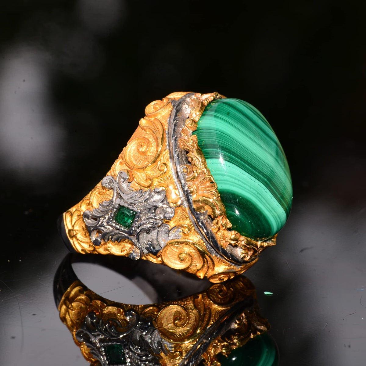 Natural Malachite Stone, 925 Sterling Silver Big Ring, Malachite Ring, Gold Plated — 4