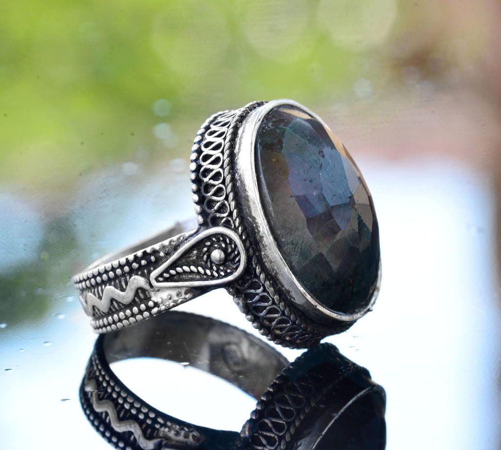 Silver Ring, Natural Emerald Stone, Vintage Design — 4