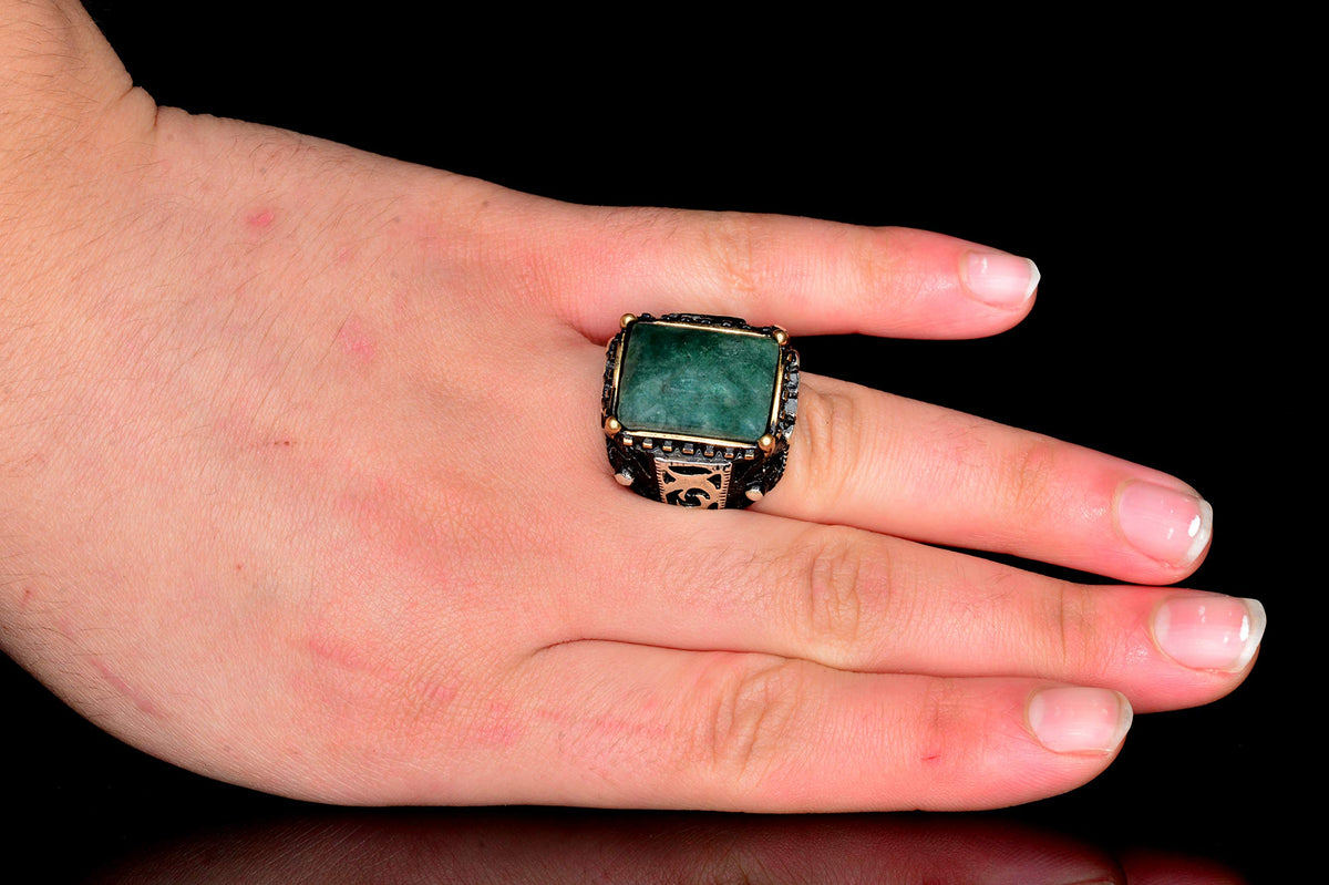 KAMBO Men's Silver Ring - Natural Rectangular Jade Gemstone — 5