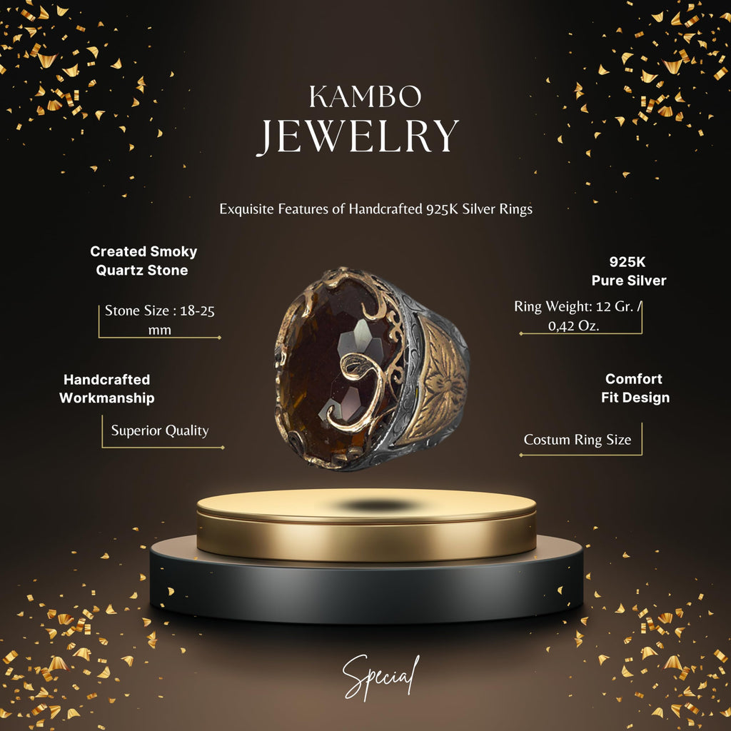 KAMBO 925 Sterling Silver Men's Ring - Synthetic Smoky Quartz Stone - Middle Eastern Design with Vav Motif — 2