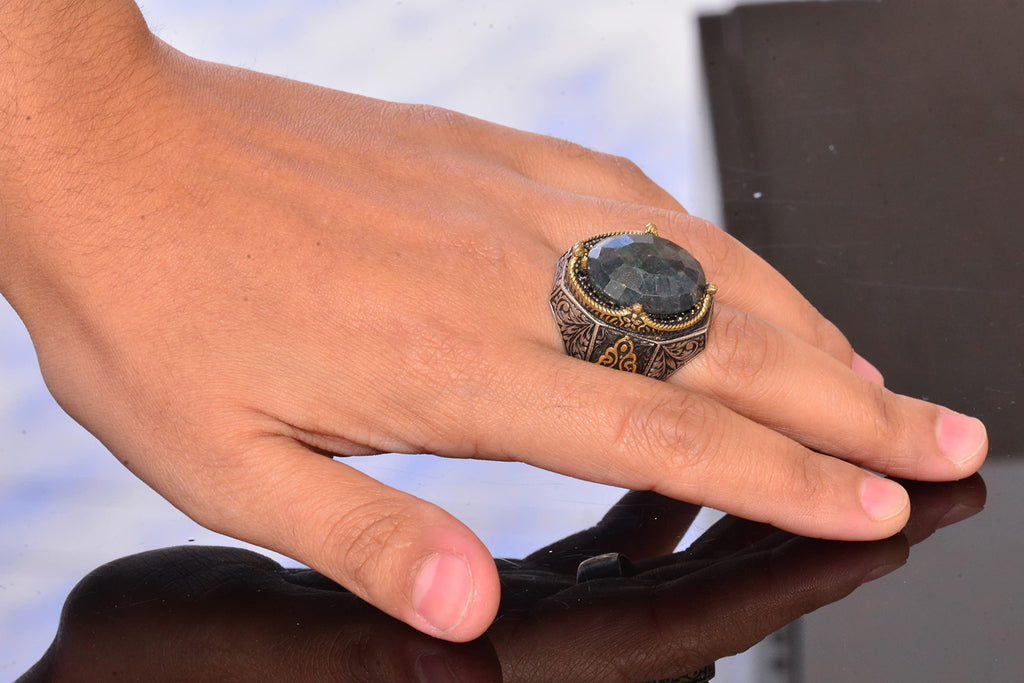 Handmade Vintage Design Emerald Ring - 925 Sterling Silver Men's Ring with Gold Accents (Emerald) — 6