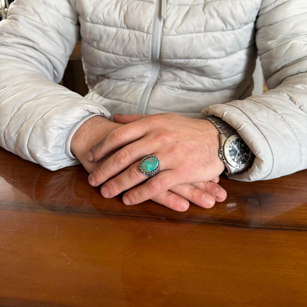 KAMBO Natural Turquoise Stone Men's Ring 925 Sterling Silver Spider Web Pattern Oval Cabochon Vintage Handmade Statement Ring (Turquoise-5) — 3