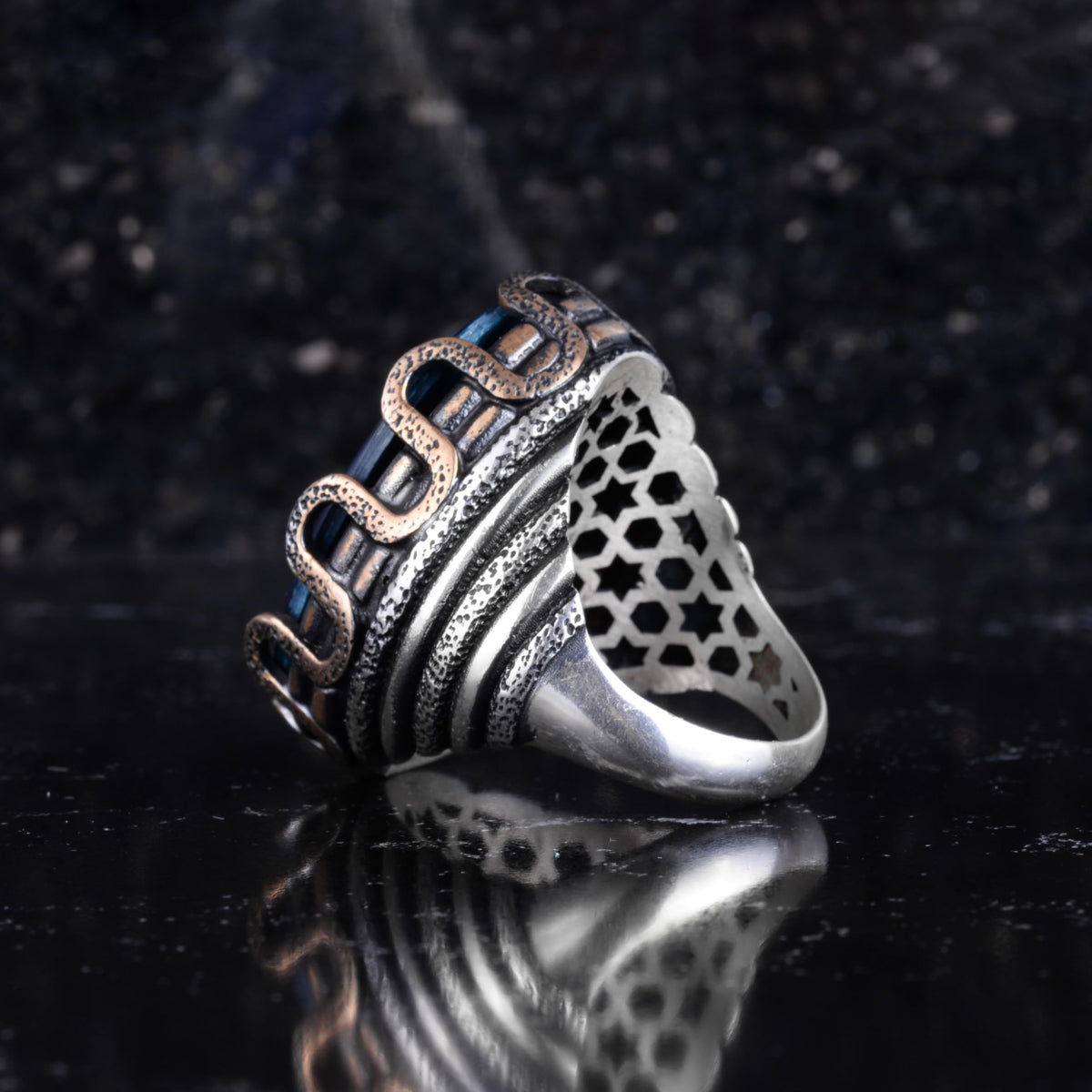 KAMBO Natural Ocean Mother of Pearl Large Men's Ring – Blue Seashell Stone – 925 Sterling Silver Handmade Statement Ring – Vintage Ottoman Style Men's Jewelry — 7