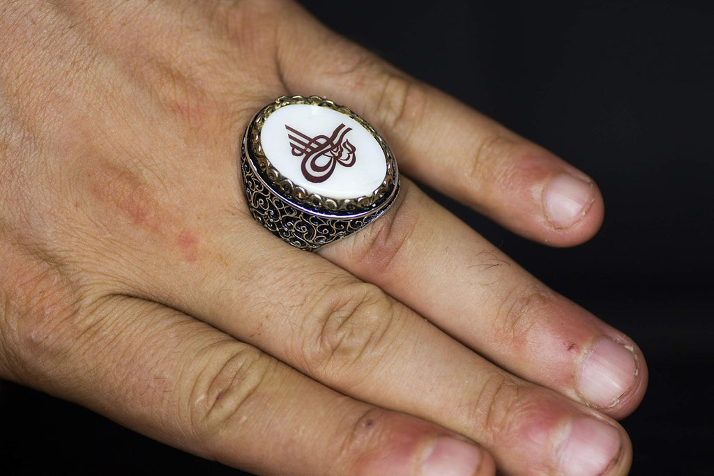 Noble and Symbolic Men's 925 Sterling Silver Ring - Ottoman Seal Symbol, Adorned with Natural Stones — 5