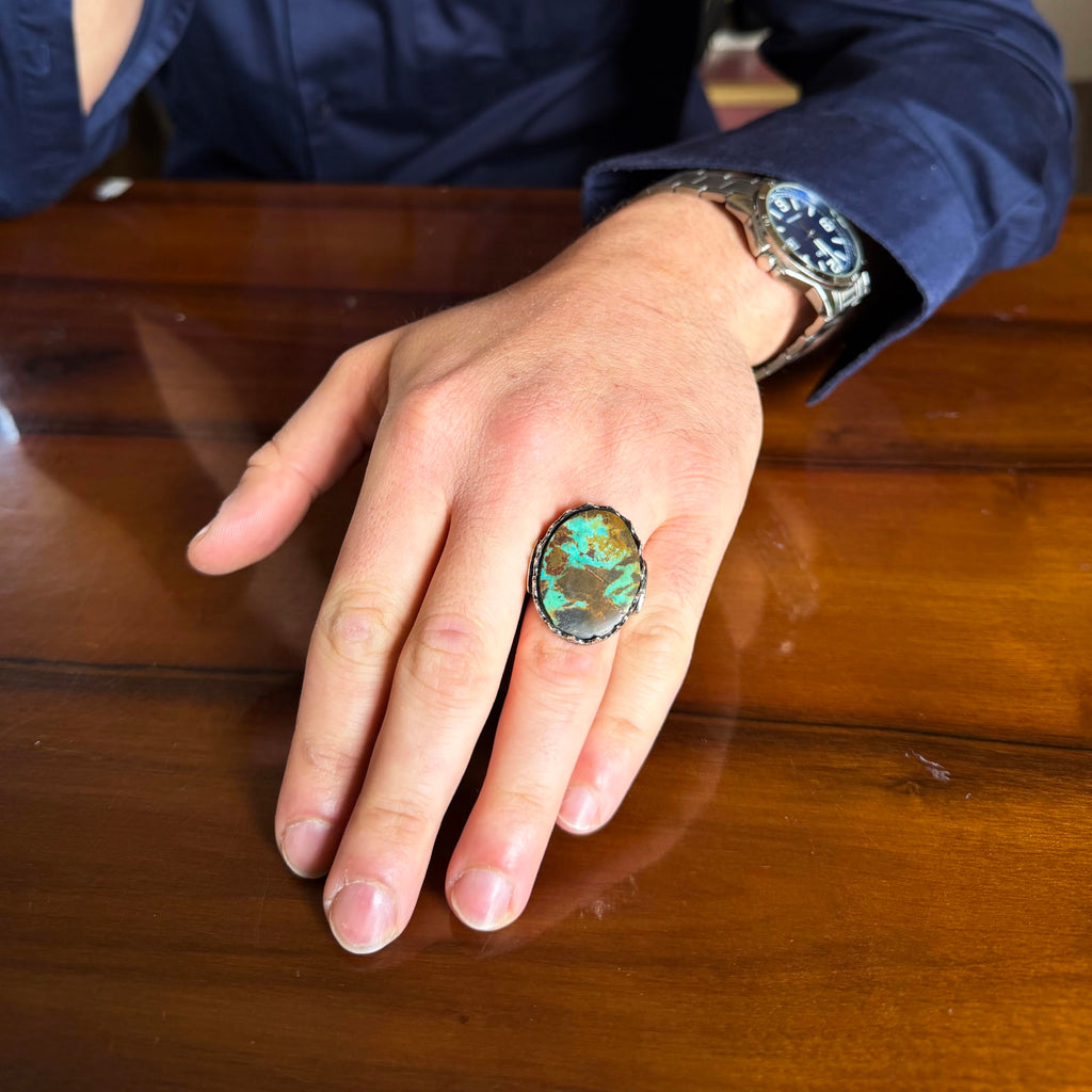 KAMBO Natural Turquoise Large Men's Ring 925 Sterling Silver Oval Statement Ring Raw Stone Vintage Handmade Ring (Turquoise-1) — 3
