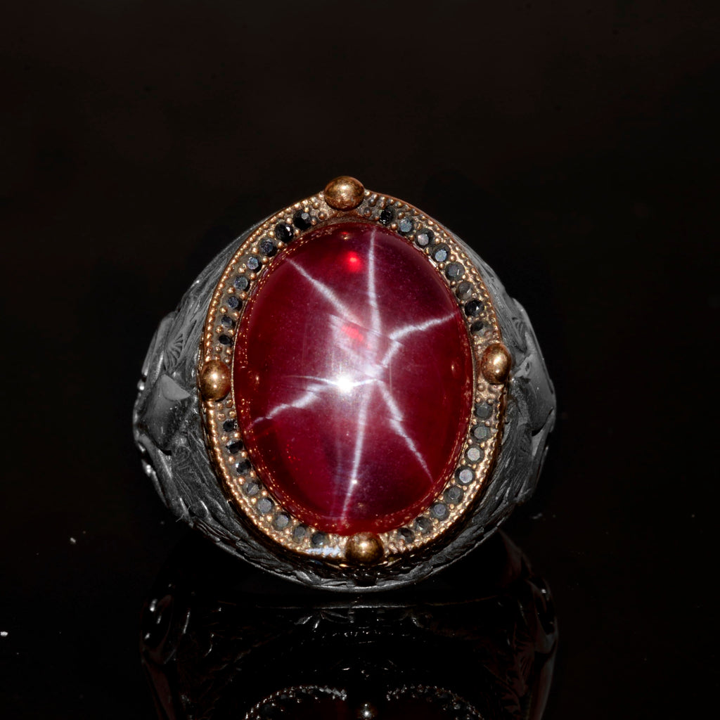 925 Sterling Silver Men's Ring - Original Handmade Model with Star Ruby Stone — 6