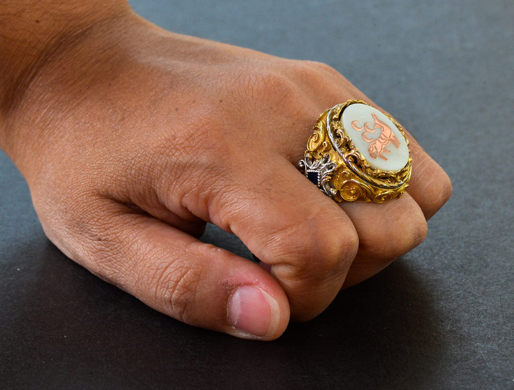 Men's Silver Ring - Natural Mother of Pearl Stone - Wolf Design — 7