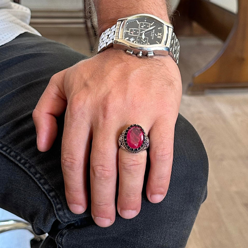 Kambo Eagle Symbol 925 Sterling Silver Men's Ring – Synthetic Red Paraiba Stone, Handcrafted — 3