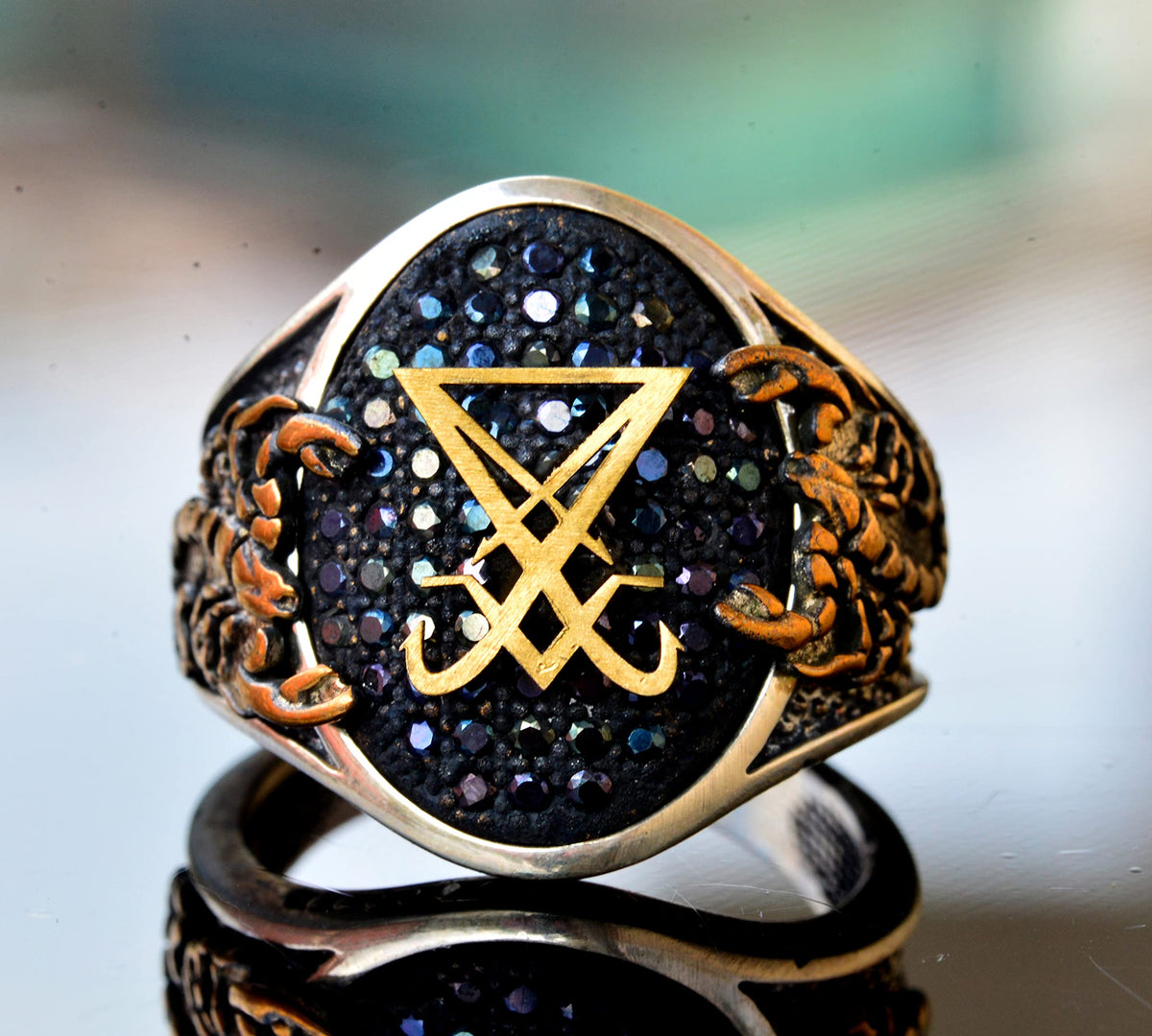 Handcrafted 925 Sterling Silver Men's Lucifer Scorpion Ring, Black Agate Stone, Gold Plated, Intricate King Seal Design, Unique Silver Ring — 8