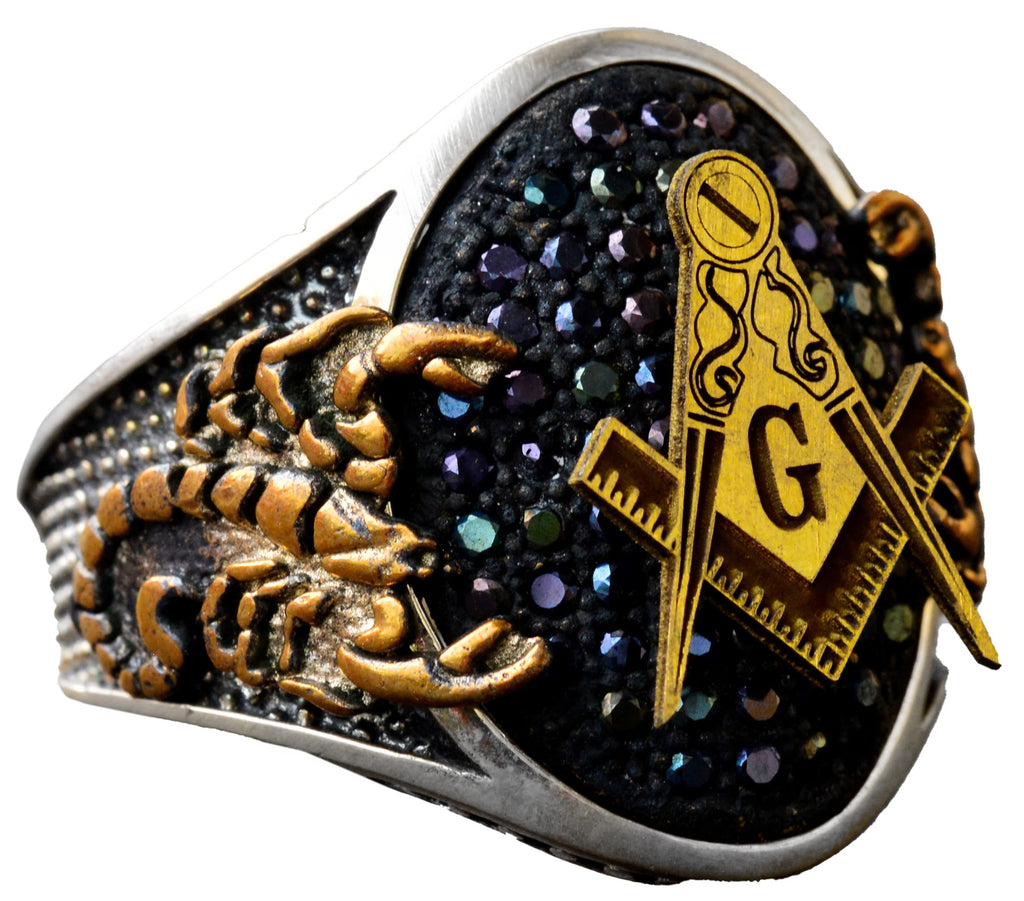 KAMBO Handcrafted 925 Sterling Silver Men's Scorpion Ring with Black Agate Gemstone, Unique Masonic Gold Plated King Sig
