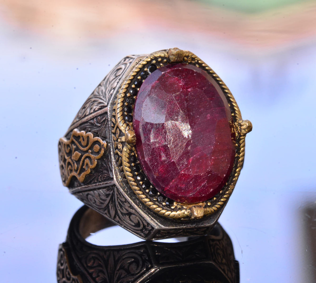 Handmade Vintage Design Emerald Ring - 925 Sterling Silver Men's Ring with Gold Accessories (Ruby) — 3