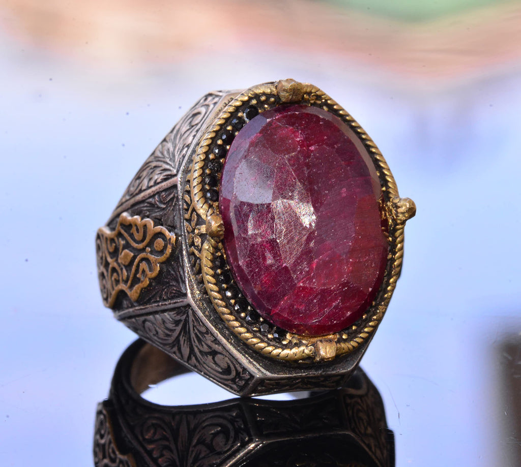 KAMBO Handmade Vintage Ruby Ring for Men - 925 Sterling Silver Statement Gemstone Ring with Gold Accents, Classic Design