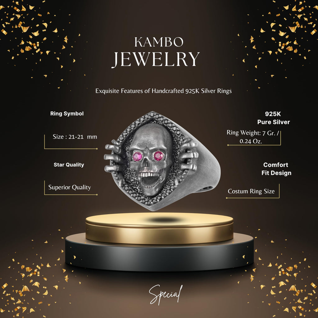 KAMBO Zircon Stone Eyed 925 Sterling Silver Skull Ring – Gothic Men's Handmade Skeleton Ring – Unique Biker Jewelry — 2