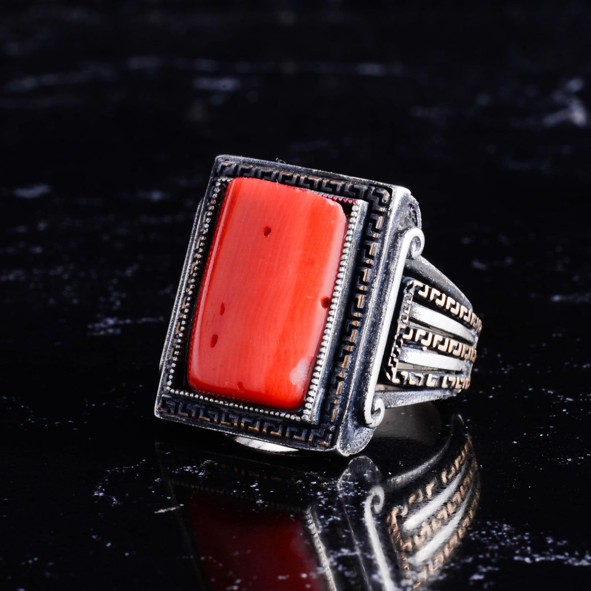 KAMBO Natural Coral Stone Large Men's Ring - 925 Sterling Silver Ring - Rectangular Coral Stone Ring - Pattern Statement Ring - Handmade Men's Jewelry — 5