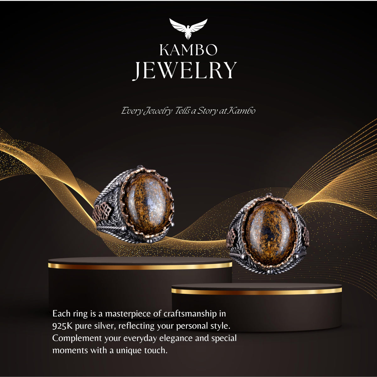 Handmade Natural Bronzite Stone Ring - 925 Sterling Silver Men's Ring — 7
