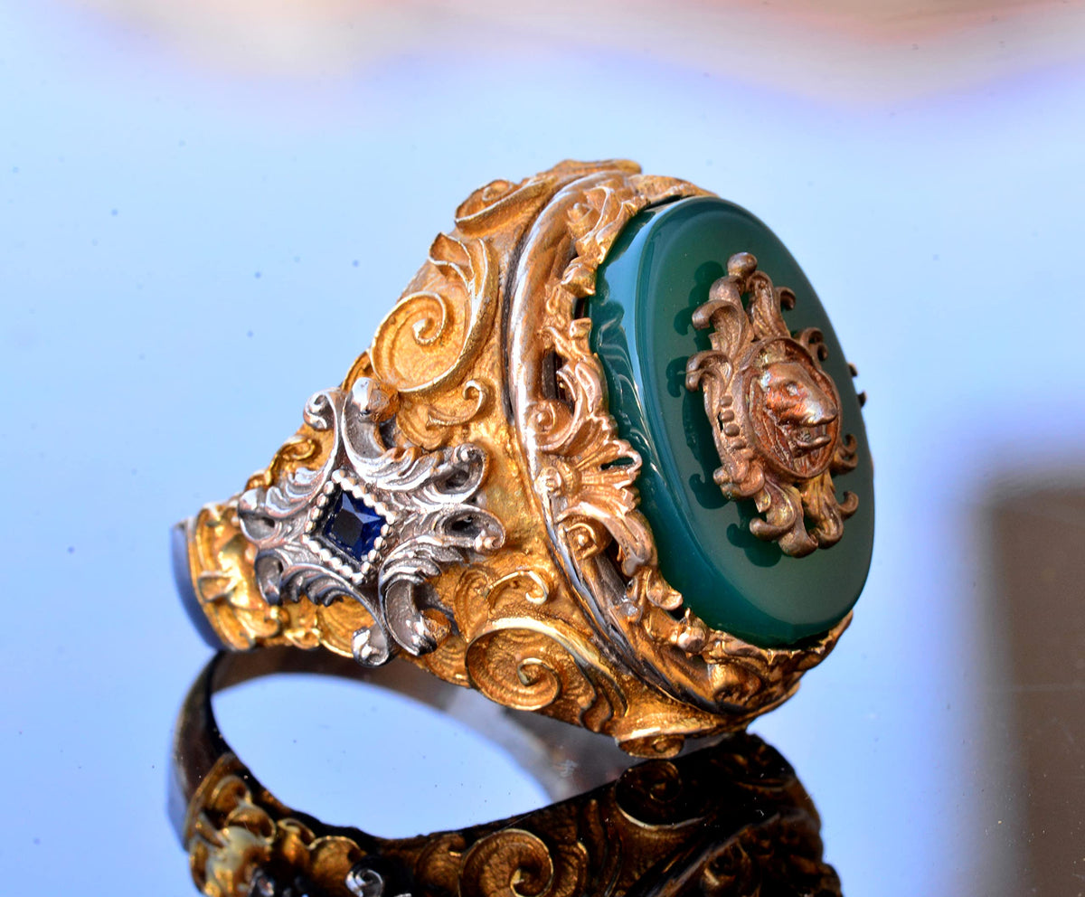 Jade Stone Ring - 925 Sterling Silver Ring - Handmade Men's Gold Plated Ring (Lion) — 4