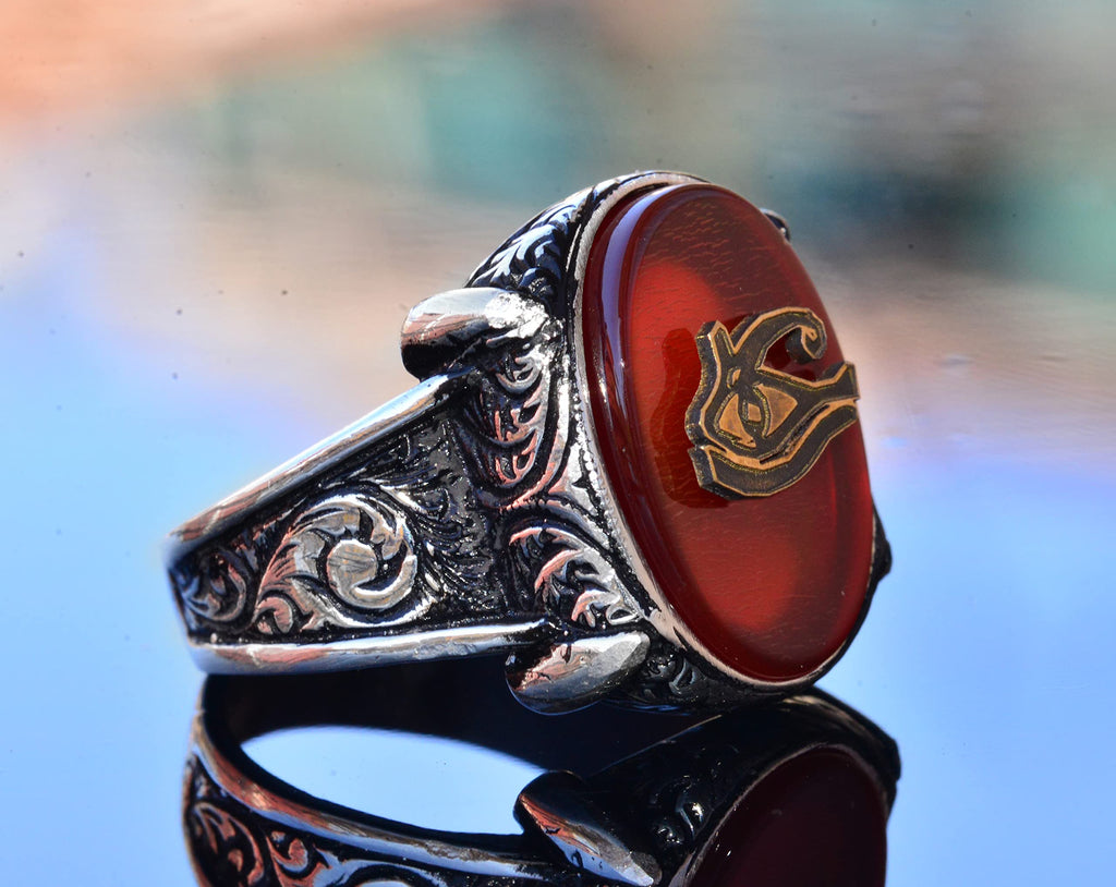 Handcrafted 925 Sterling Silver Men's Ring with Created Agate Stone and Eye of Horus Design, Unique Mystical Jewelry