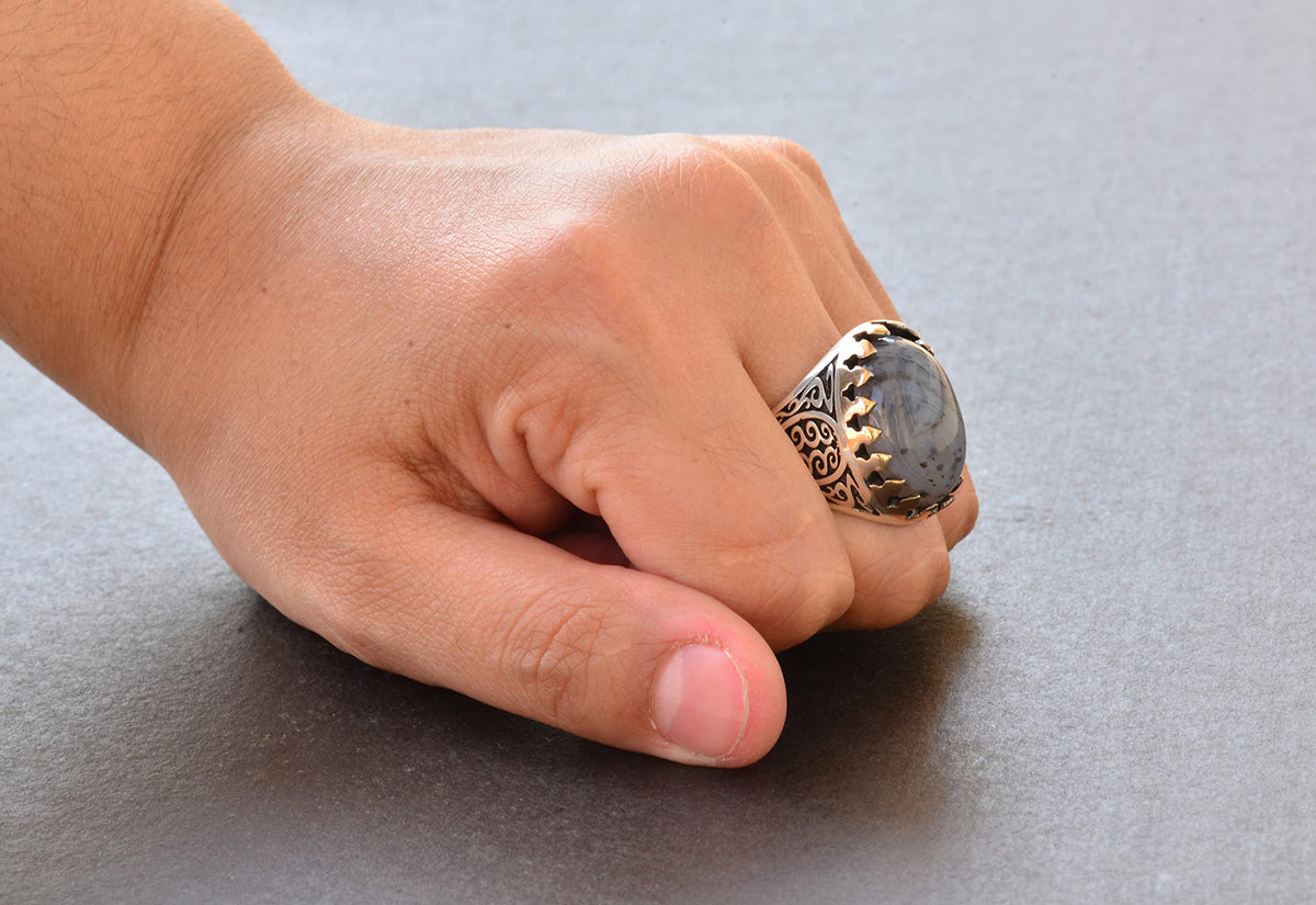 925 Sterling Silver Men's Ring - Natural Beige Wood Stone Vintage Design — 7
