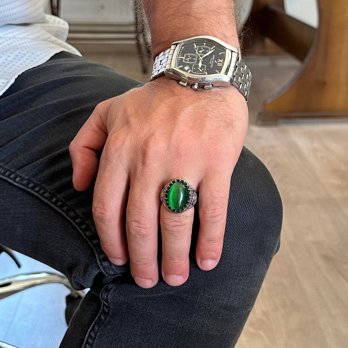 KAMBO 925 Sterling Silver Men's Ring, Created Stone Ring, Eagle Symbol Ring, Handmade Ring (Created Green Cat's Eye) — 3