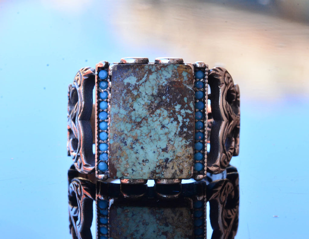 Natural Arizona Turquoise Stone Adjustable Silver Men's Ring — 8