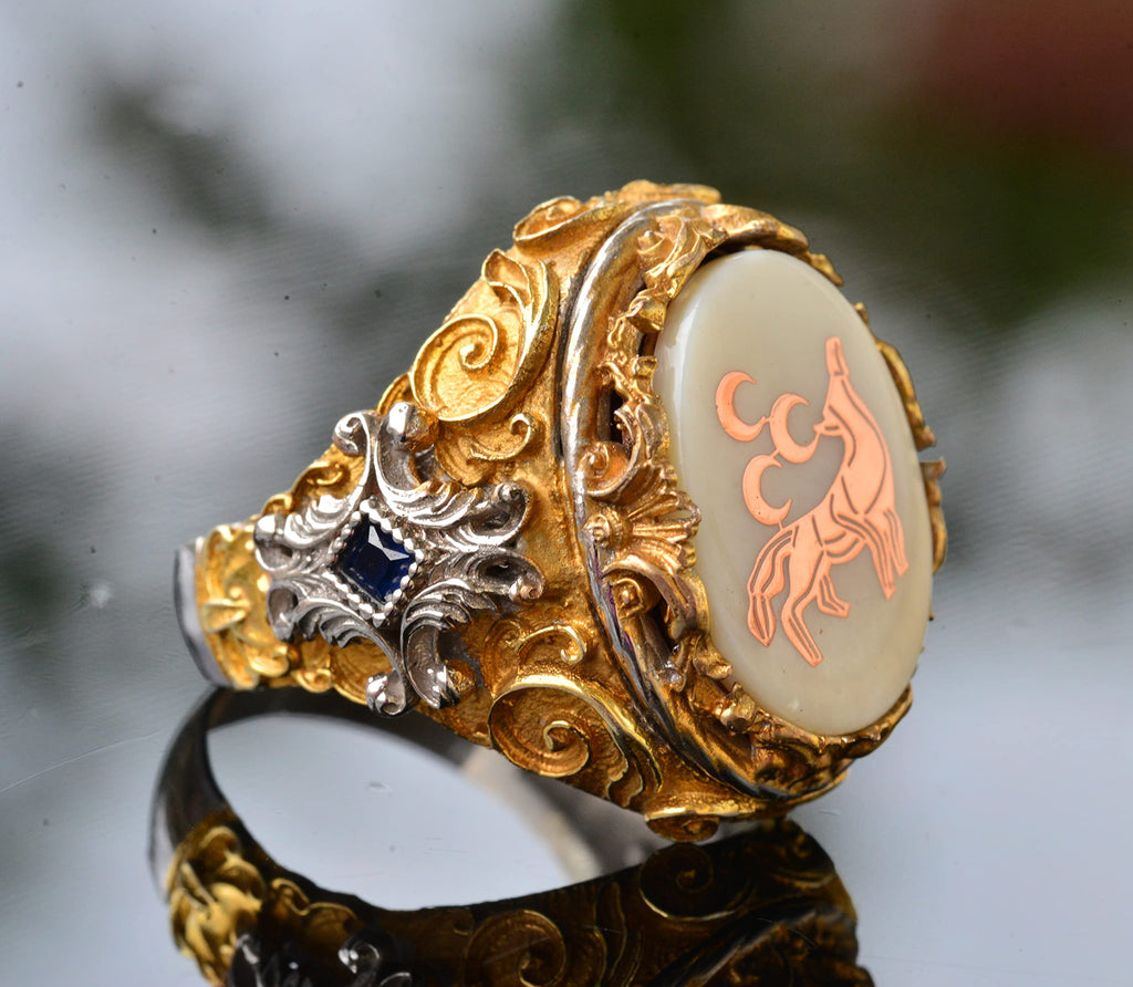 Men's Silver Ring - Natural Mother of Pearl Stone - Wolf Design — 4