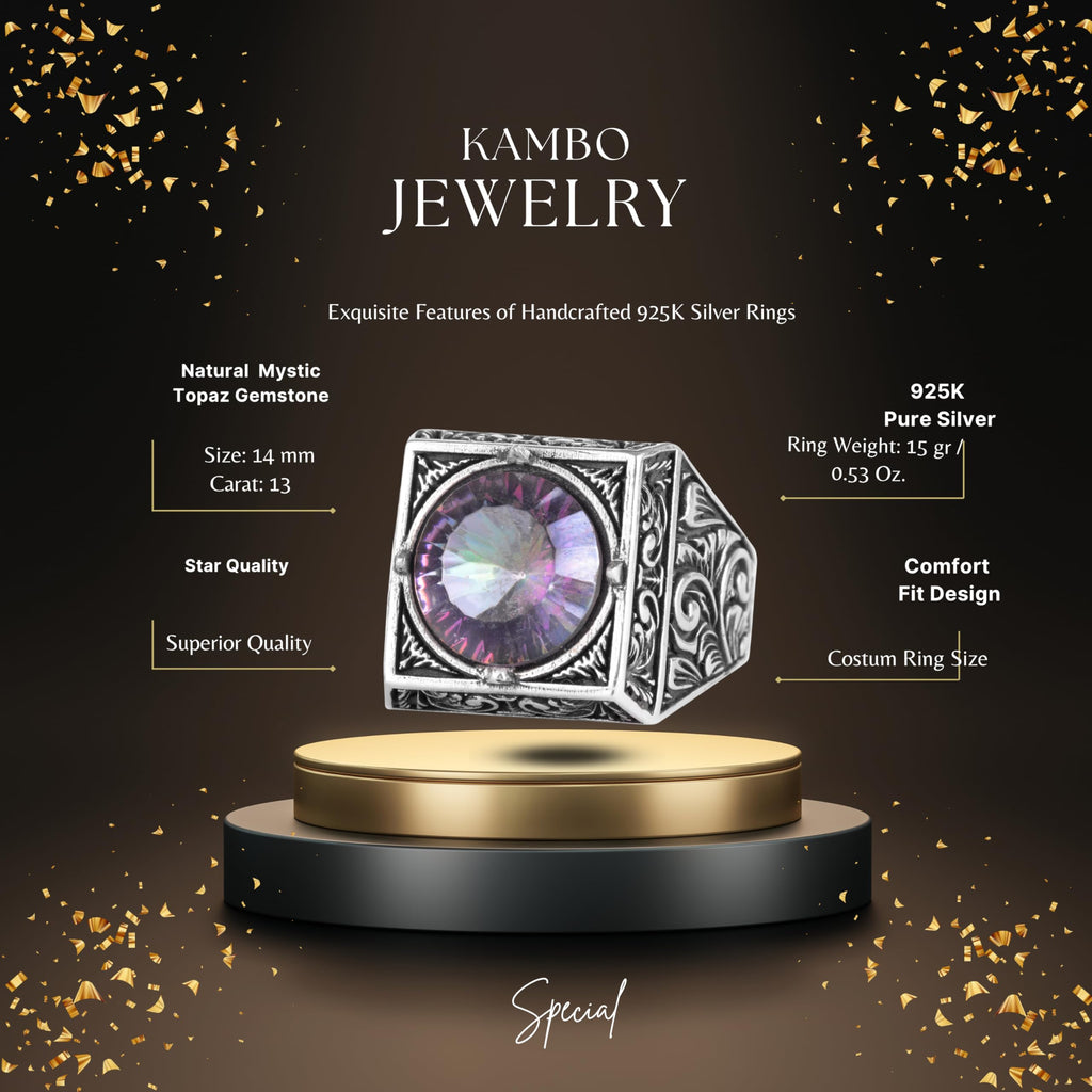 KAMBO Natural Round Stone Square Men's Ring 925 Sterling Silver – Ottoman Pattern Handmade Stone Ring (Mystic Topaz) — 2