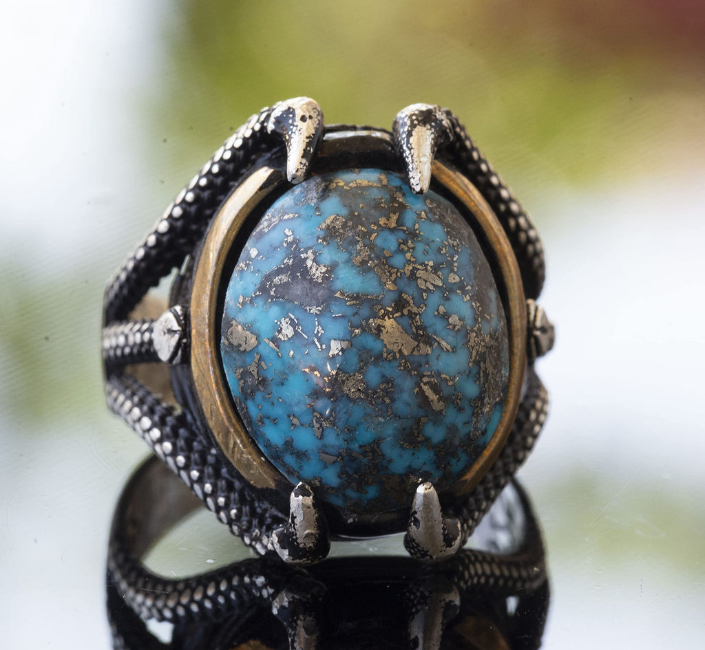 Natural Arizona Turquoise Stone Claw Ring - Silver Men's Ring — 6