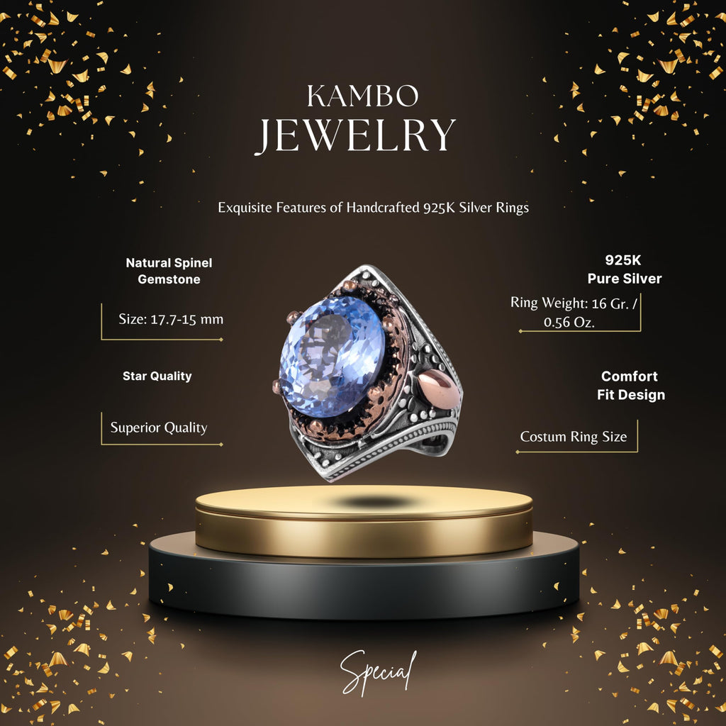 KAMBO Certified Natural Blue Spinel Men's Ring – Bronze Detailed 925 Sterling Silver – Oval Cut Statement Ring — 2
