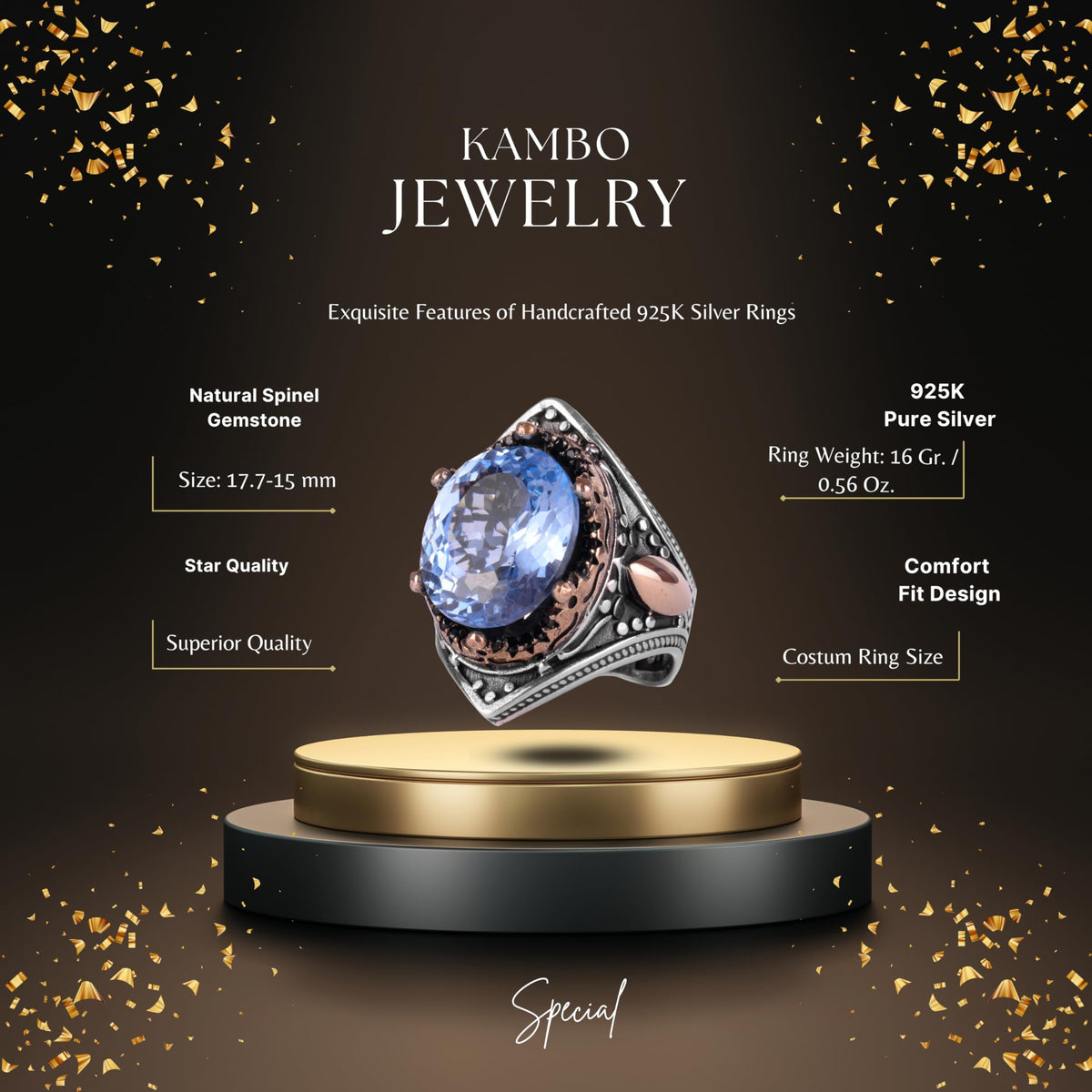 KAMBO Certified Natural Blue Spinel Men's Ring – Bronze Detailed 925 Sterling Silver – Oval Cut Statement Ring — 2