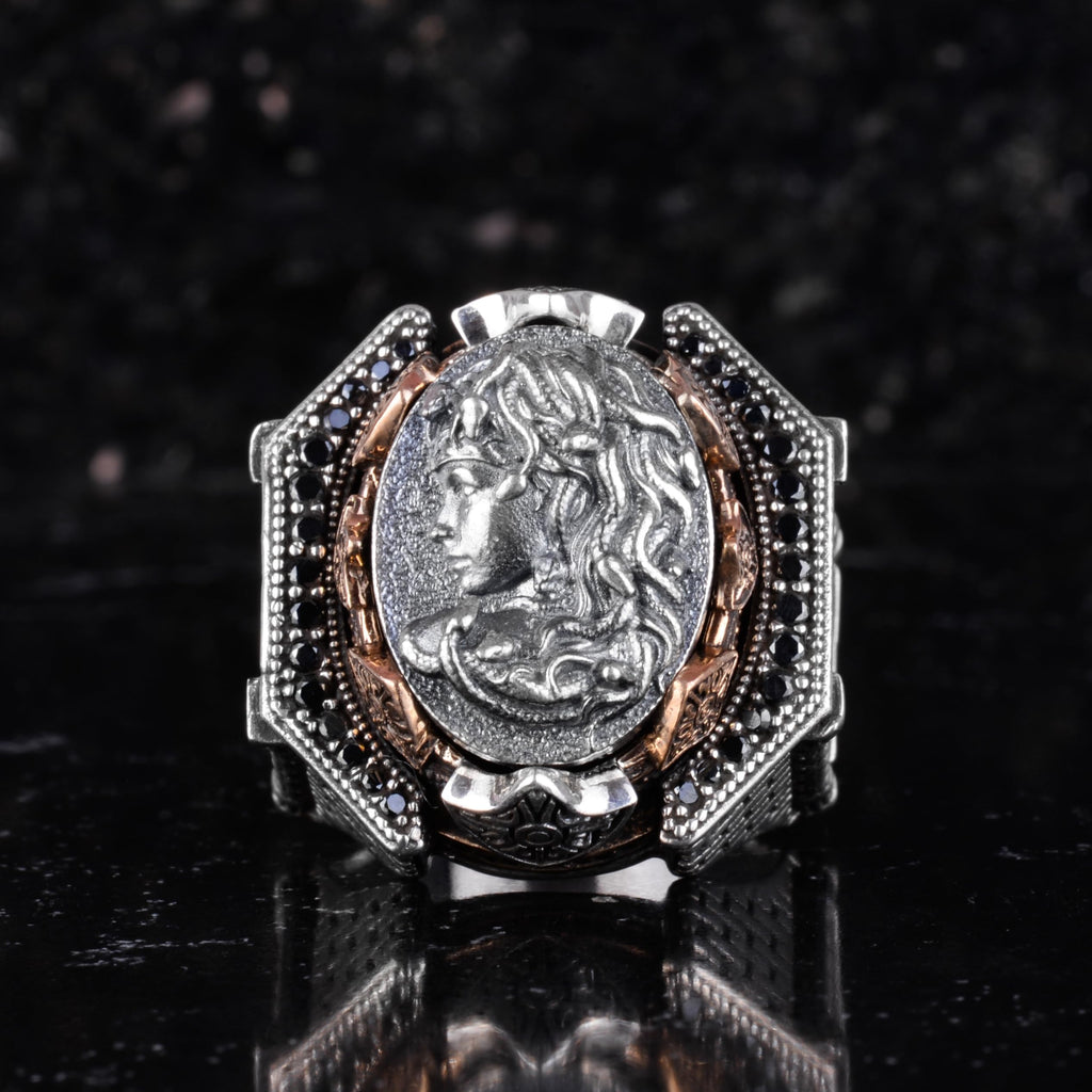 KAMBO Large Men's 925 Sterling Silver Ring Figure – Bronze Detail – Carved Statement Ring (Medusa) — 4