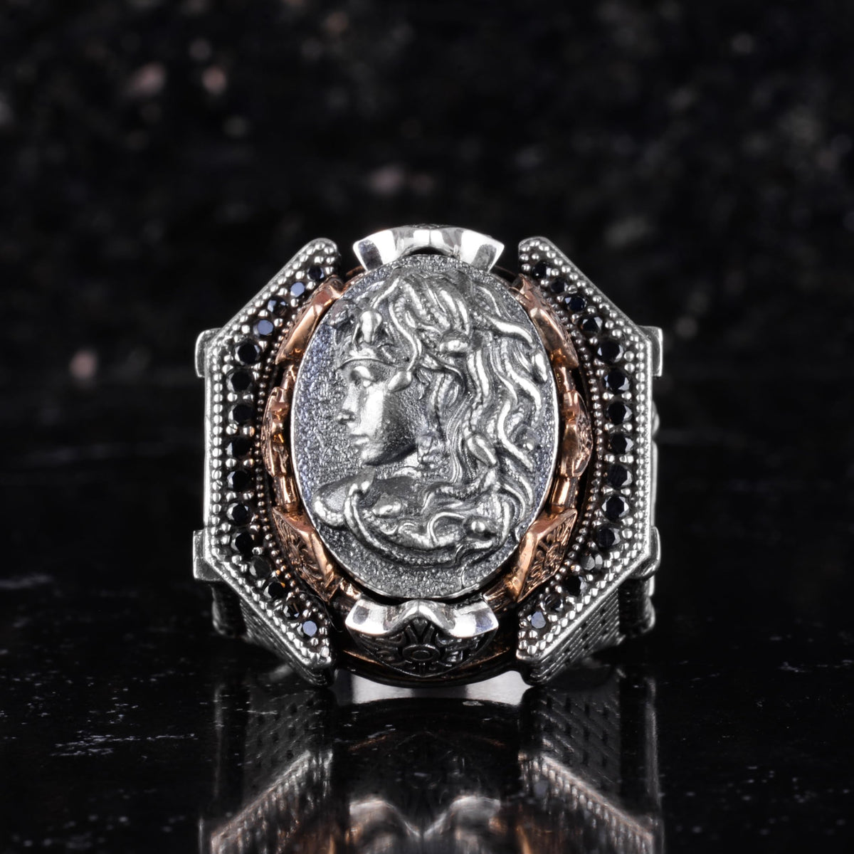 KAMBO Large Men's 925 Sterling Silver Ring Figure – Bronze Detail – Carved Statement Ring (Medusa) — 4