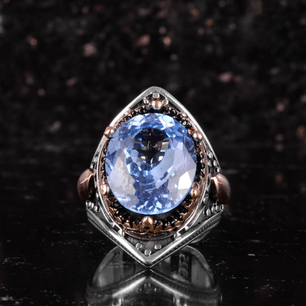 KAMBO Certified Natural Blue Spinel Men's Ring – Bronze Detailed 925 Sterling Silver – Oval Cut Statement Ring — 4
