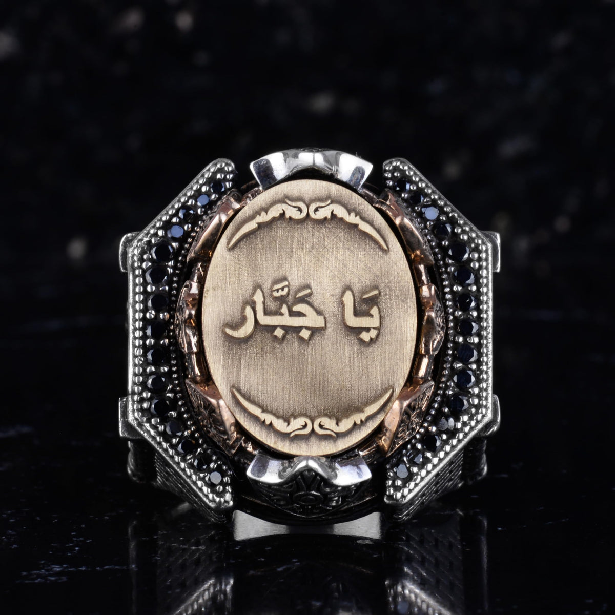 KAMBO Large Men's 925 Sterling Silver Ring with Ya Jabbar Inscription – Bronze Detail – Islamic Calligraphy Ring — 3