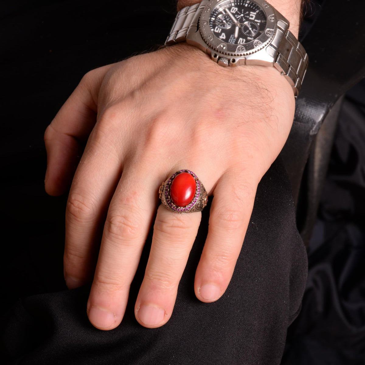 Natural Coral Stone Ring - 925 Sterling Silver — 3