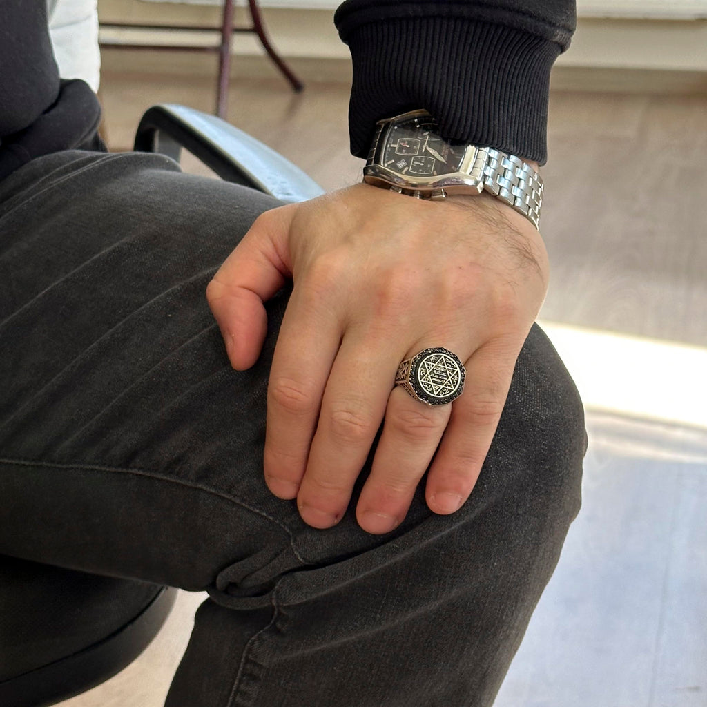 KAMBO Solomon Seal Ring Handmade 925 Sterling Silver Men’s Statement Ring with Onyx Stone and Star of David Jewish Desig