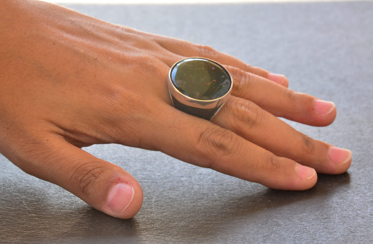 Natural Bloodstone Ring, 925 Sterling Silver Men's Round Ring — 8