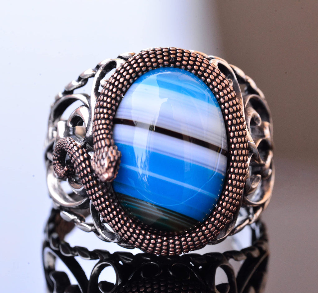 925 Sterling Silver Men's Ring - Blue Agate Stone — 2