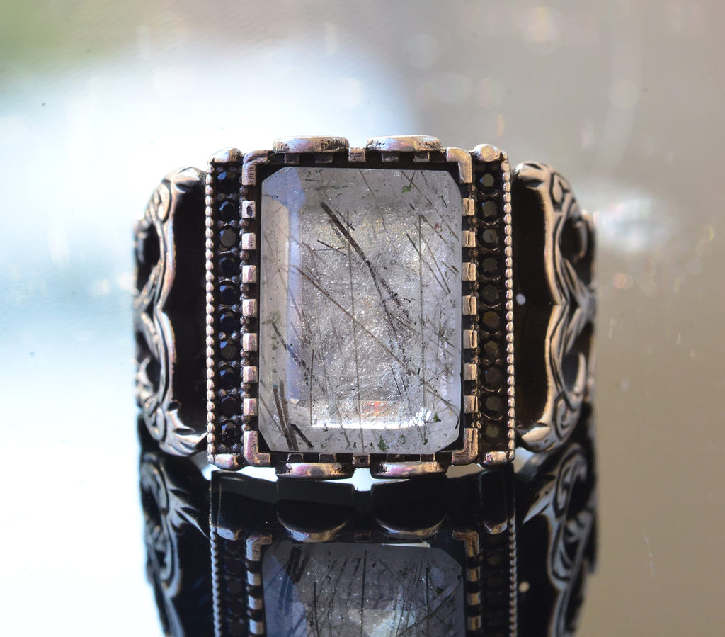 Rutilated Quartz Rectangular Stone Ring - Silver Men's Ring — 5