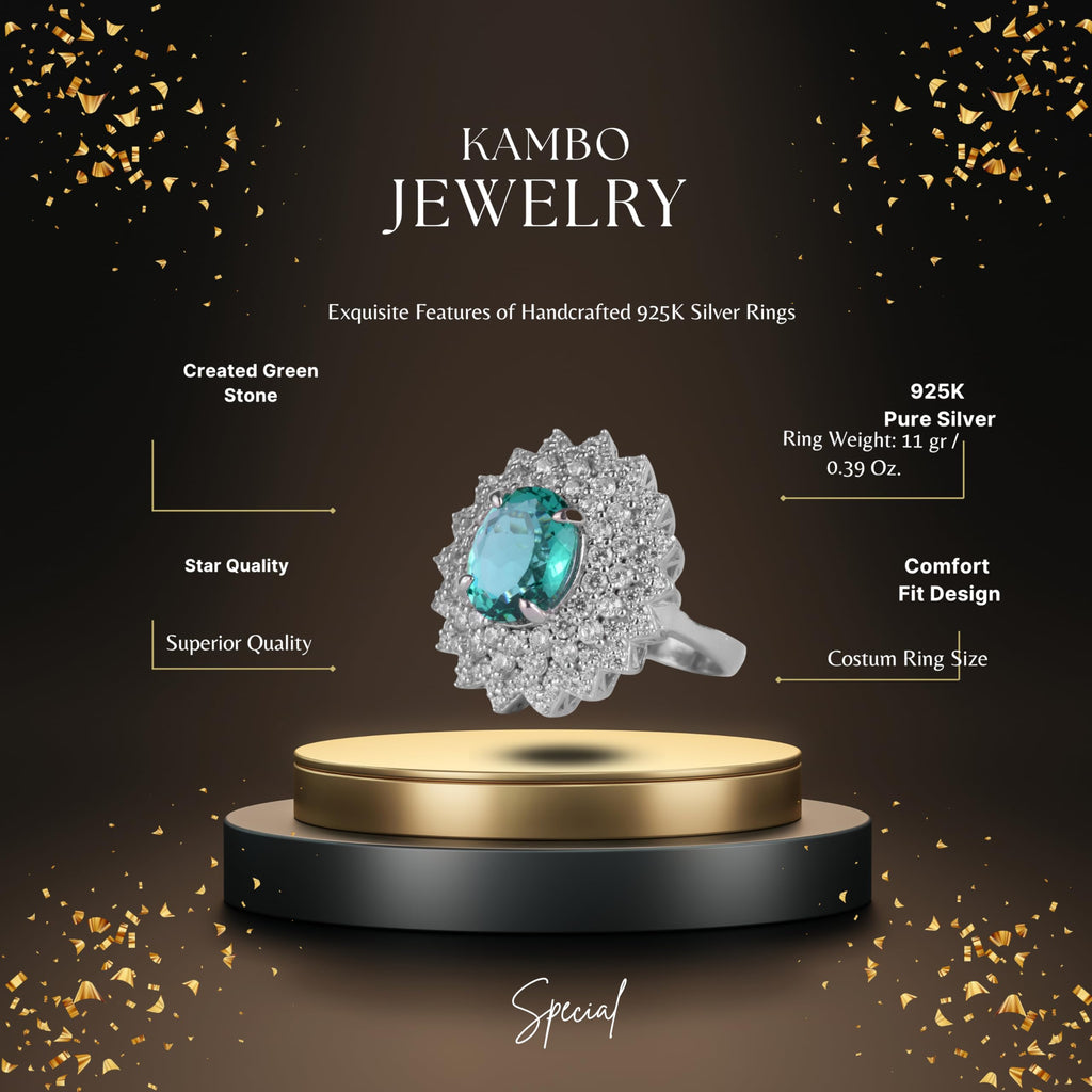 KAMBO Created Green Stone Women's Ring 925 Sterling Silver – Oval Halo Luxury Statement Ring for Women — 2