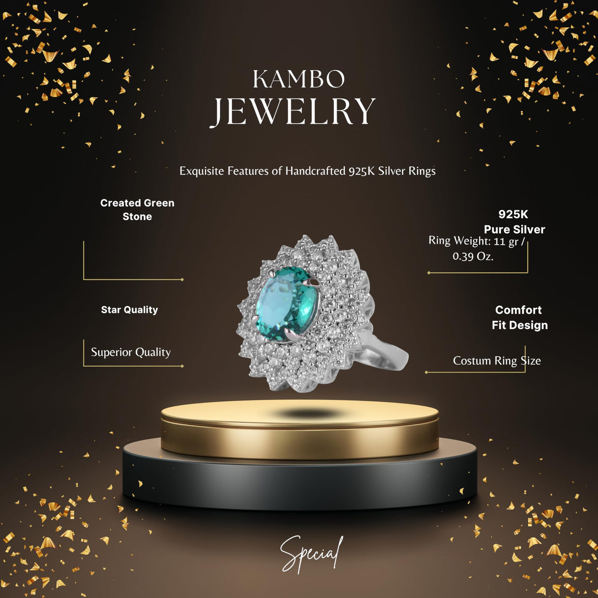 KAMBO Created Green Stone Women's Ring 925 Sterling Silver – Oval Halo Luxury Statement Ring for Women — 2