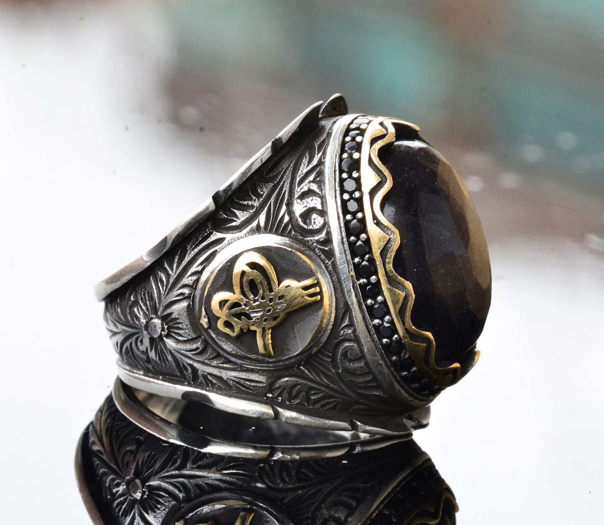 KAMBO Handcrafted Men's Ring with Genuine Blue Sapphire - 925 Sterling Silver, Intricate Ottoman Sign Design, Middle Eas