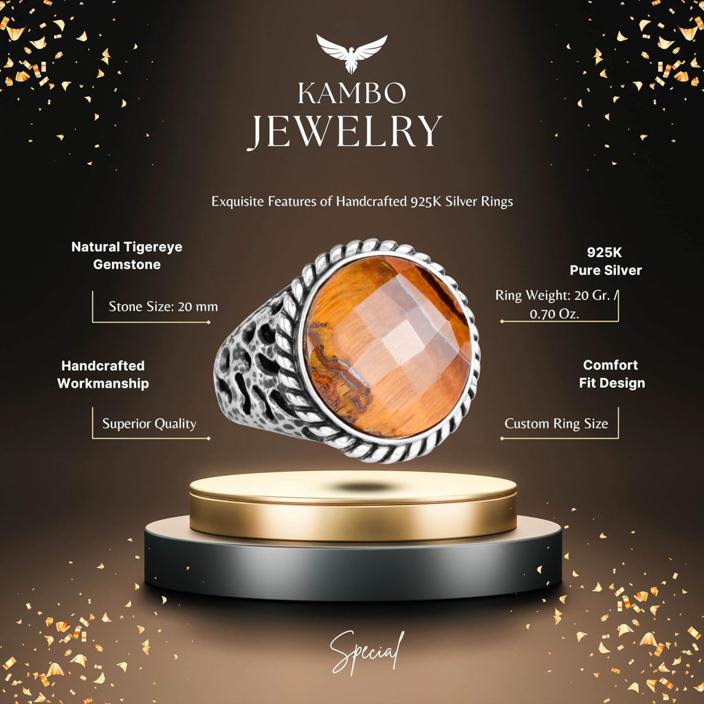 Natural Stone Ring - 925 Sterling Silver Men's Ring, Tiger Eye — 2
