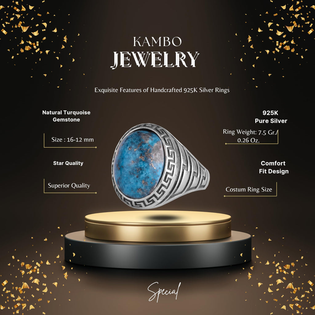 KAMBO Men's Natural Turquoise Stone Ring – 925 Sterling Silver Ring with Maze Side Designs – Handmade Minimalist Descriptive Jewelry (Style-4) — 2