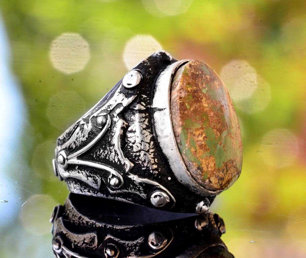 925 Sterling Silver Real Arizona Turquoise Stone Byzantine Men's Ring — 4